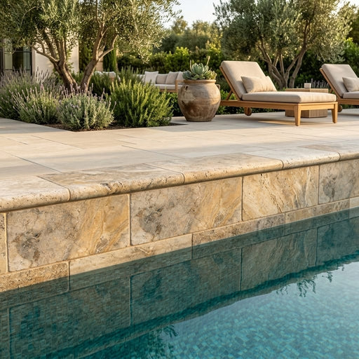 Autumn Leaves Scabos Travertine Tumbled 6 x 12 x 2 Bullnose Coping 6x12 pool coping — Swimming Pool pool edge drop-face coping