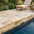 Autumn Leaves Scabos Travertine Tumbled 6 x 12 x 2 Bullnose Coping 6x12 pool coping — Swimming Pool remodel pool edge
