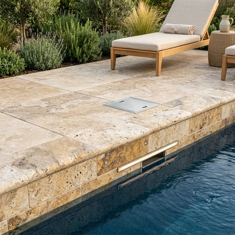 Autumn Leaves Scabos Travertine Tumbled 6 x 12 x 2 Bullnose Coping 6x12 pool coping — Swimming Pool remodel pool edge