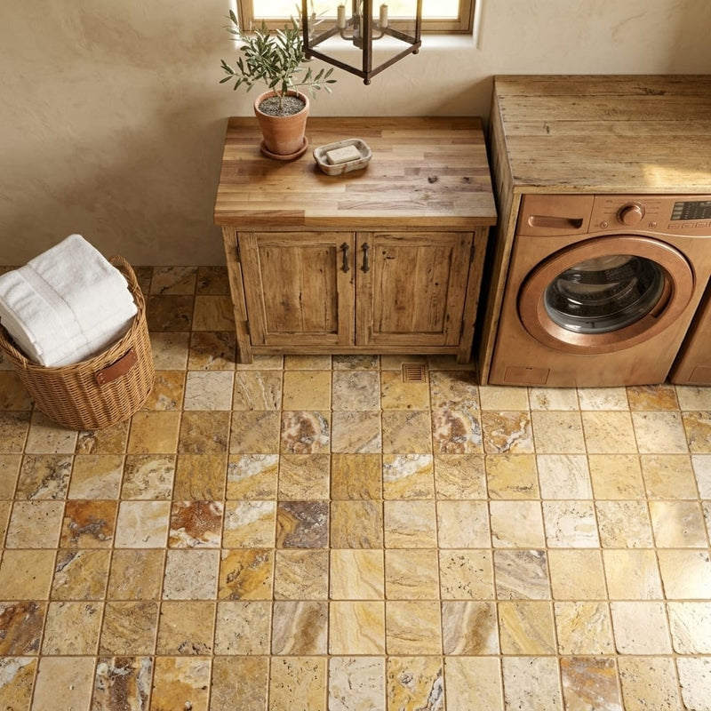 Autumn Leaves Scabos Travertine Tumbled 6 x 6 x 3/8 Cross Cut Tile 6x6 — Laundry Room floor
