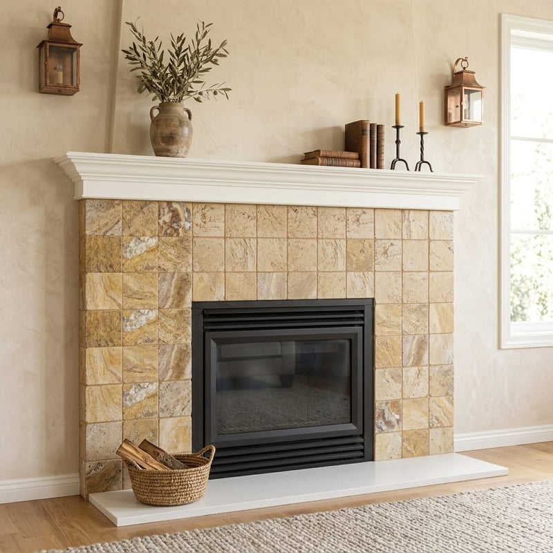 Autumn Leaves Scabos Travertine Tumbled 6 x 6 x 3/8 Cross Cut Tile 6x6 — Living Room fireplace surround