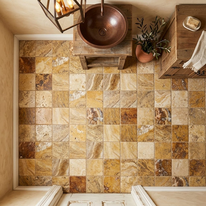 Autumn Leaves Scabos Travertine Tumbled 6 x 6 x 3/8 Cross Cut Tile 6x6 — Powder Room floor