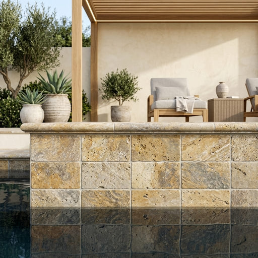 Autumn Leaves Scabos Travertine Tumbled 6x12x1.25 Bullnose Coping pool coping — Swimming Pool pool edge drop-face coping