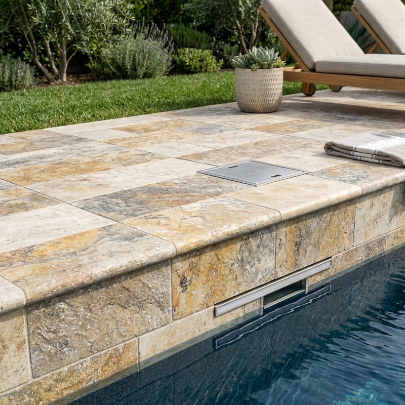 Autumn Leaves Scabos Travertine Tumbled 6x12x1.25 Bullnose Coping pool coping — Swimming Pool remodel pool edge