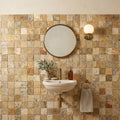 Autumn Leaves Scabos Travertine Wavy 2 x 2 Mosaic 2x2 — Powder Room wall