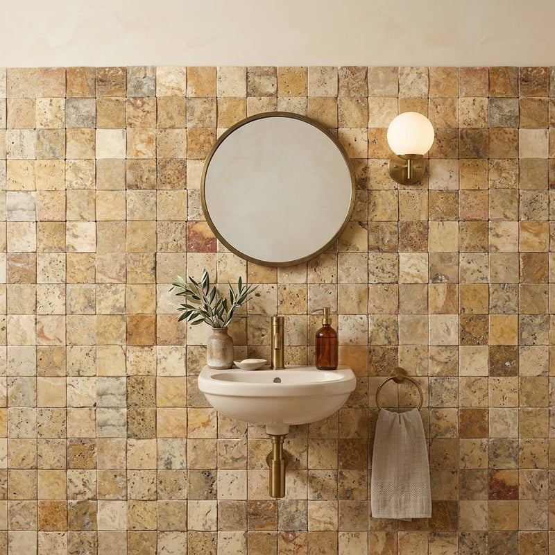 Autumn Leaves Scabos Travertine Wavy 2 x 2 Mosaic 2x2 — Powder Room wall