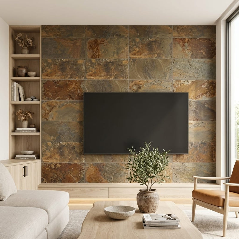 Autumn Mix (California Gold) Slate Natural 10 x 24 x 2 Slate Wall Cap Cap 12x24 tile — Living Room feature wall