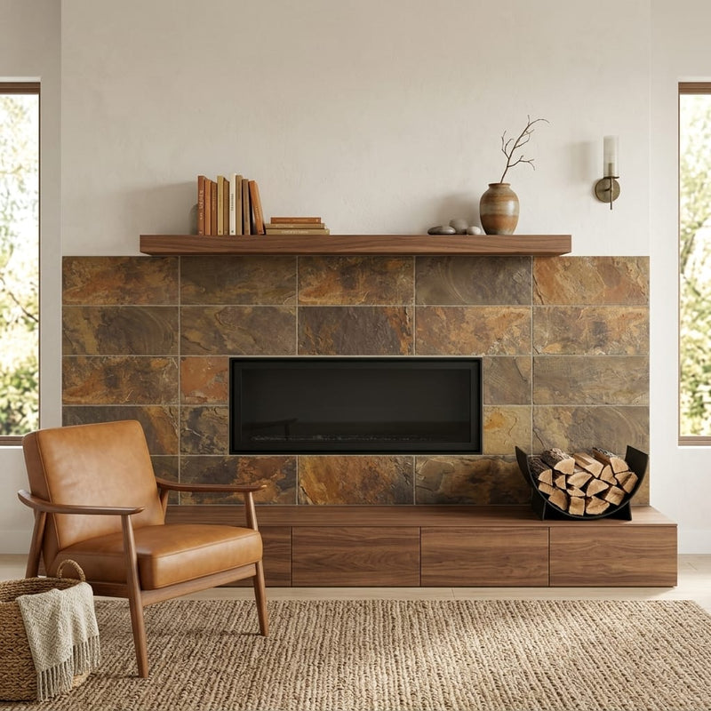 Autumn Mix (California Gold) Slate Natural 10 x 24 x 2 Slate Wall Cap Cap 12x24 tile — Living Room fireplace surround