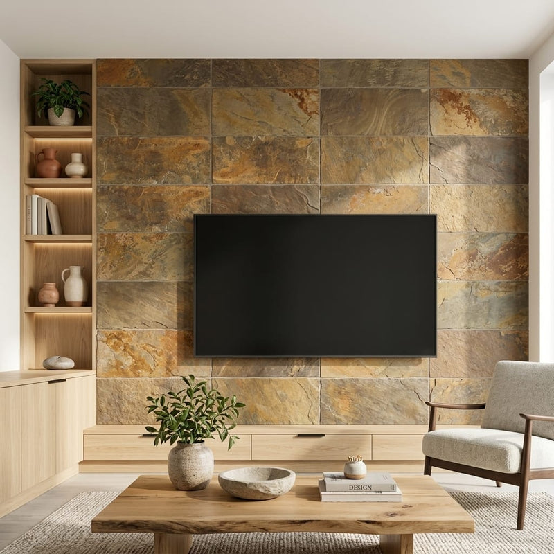 Autumn Mix (California Gold) Slate Natural 12 x 24 x 2 Slate Wall Cap Cap 12x24 tile — Living Room feature wall