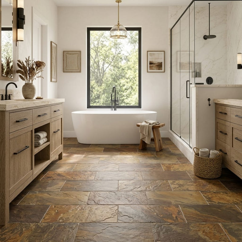 Autumn Mix (California Gold) Slate Natural 12 x 24 x 2 Slate Wall Cap Cap 12x24 tile — Primary Bath floor