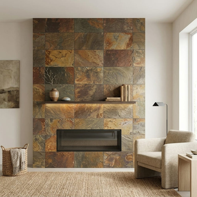 Autumn Mix (California Gold) Slate Natural 16 x 24 x 2 Slate Wall Cap Cap 16x24 tile — Living Room fireplace surround