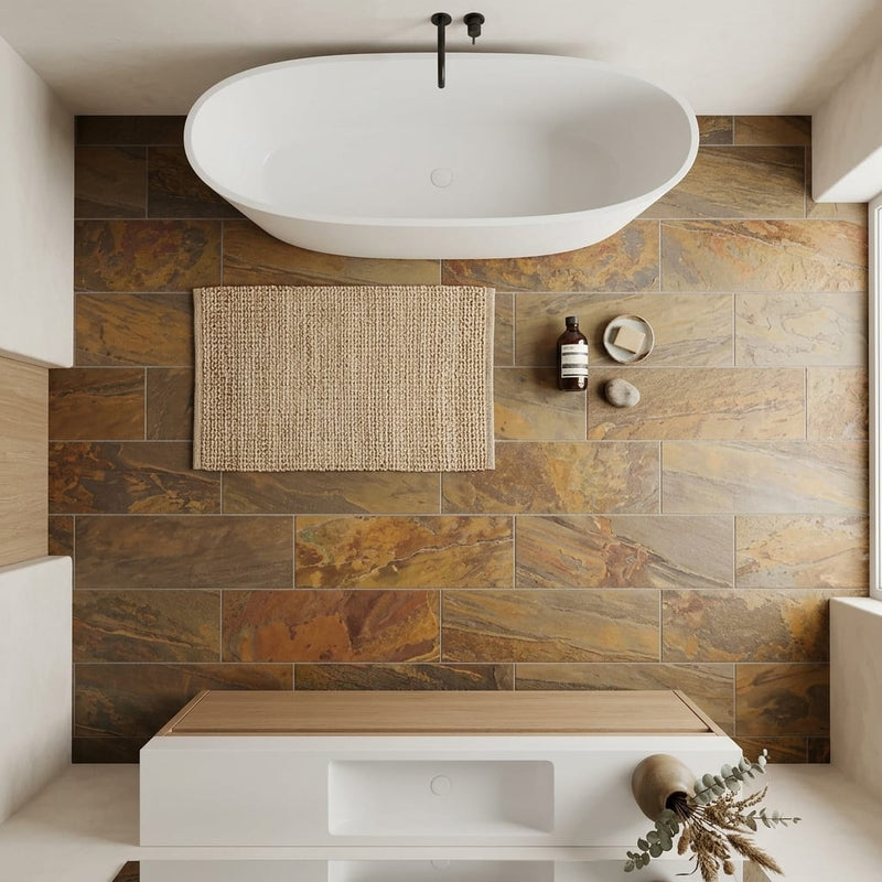 Autumn Mix (California Gold) Slate Natural 8 x 24 x 2 Slate Wall Cap Cap 8x24 tile — Bathroom floor
