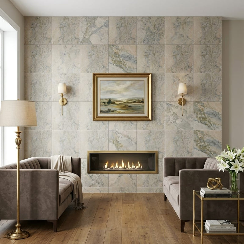 Azul Pietra Marble Tile 24x24 Honed, Filled — Living Room feature wall