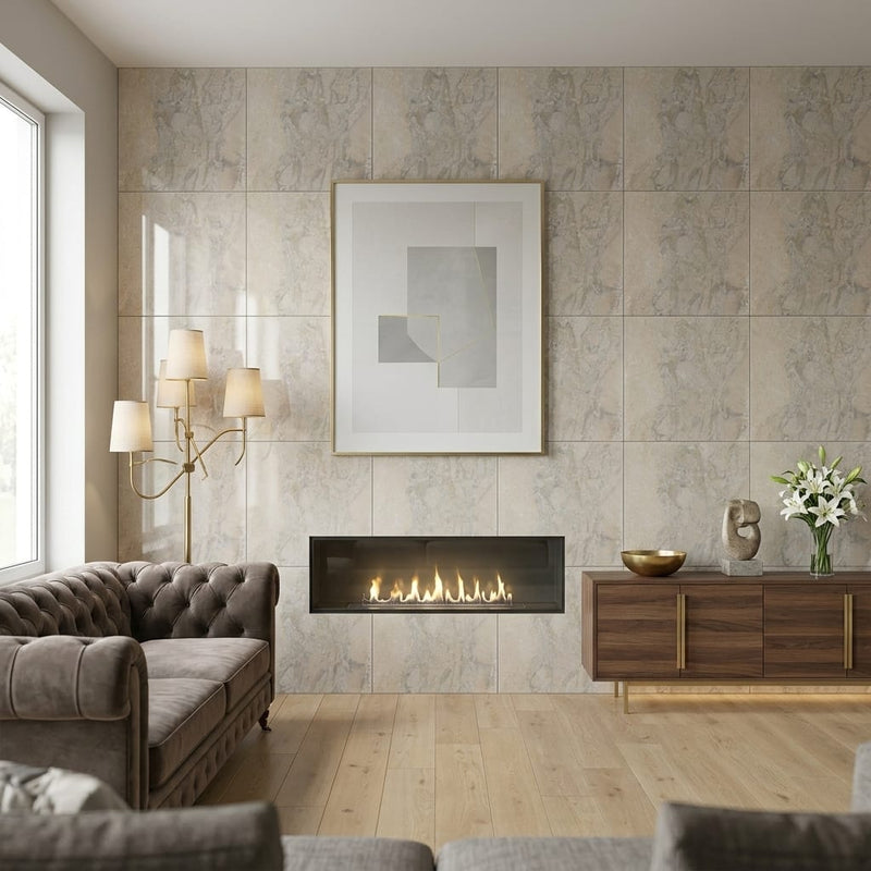 Azul Pietra Marble Tile 24x24 Polished — Living Room feature wall