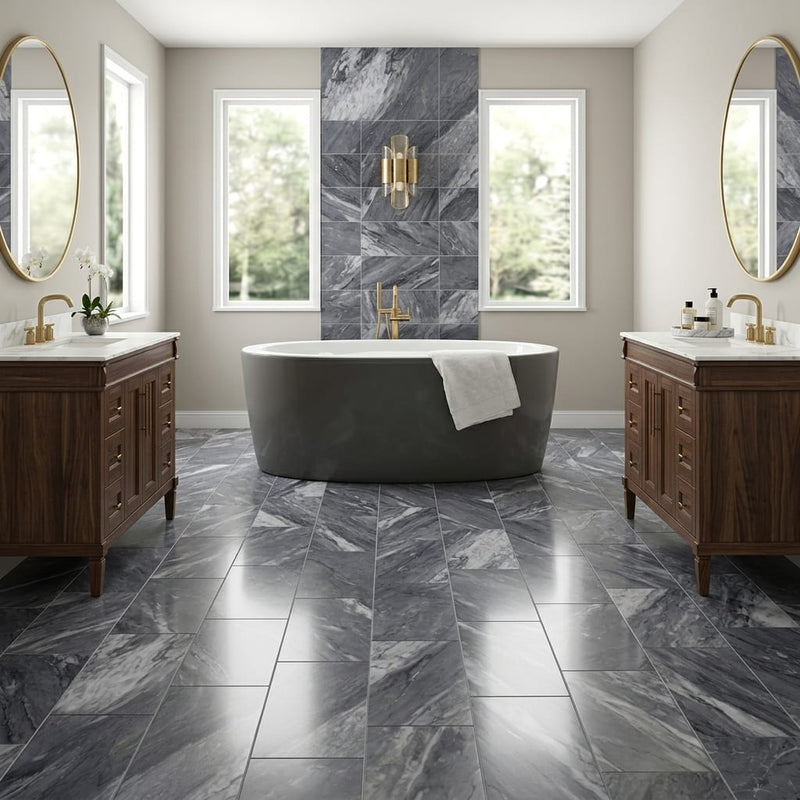Bardiglio 12x24x3/8 Polished Marble Tile — Bathroom floor