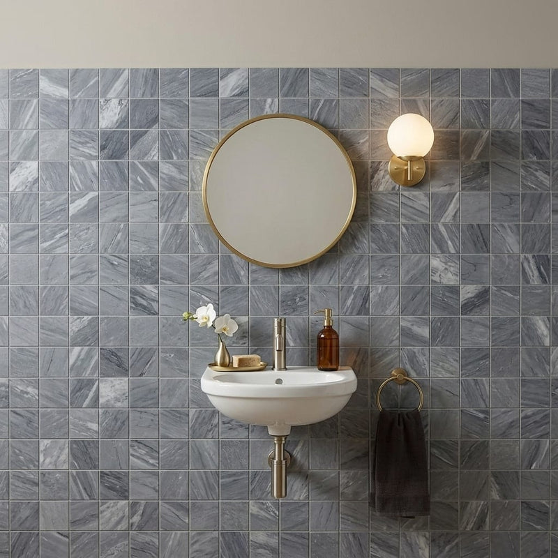 Bardiglio 2x2 Honed Marble Mesh Mosaic — Powder Room wall