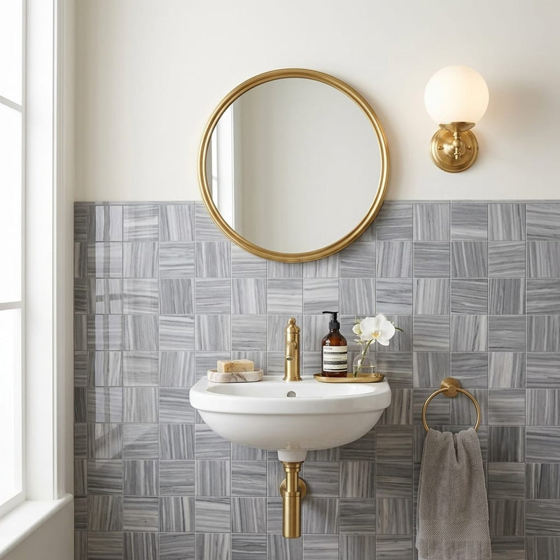 Bardiglio 2x2 Mesh Polished Marble Mosaic — Powder Room wall
