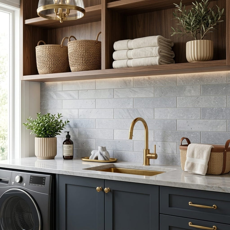 Bardiglio 4x16 Honed Marble Tile — Laundry Room backsplash