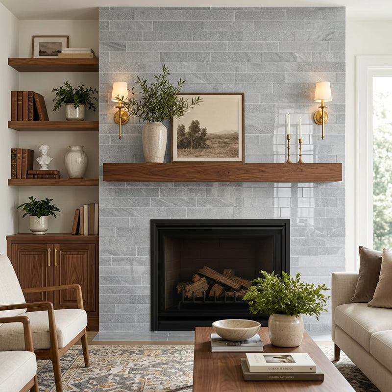 Bardiglio 4x16x3/8 Polished Marble Tile — Living Room fireplace surround