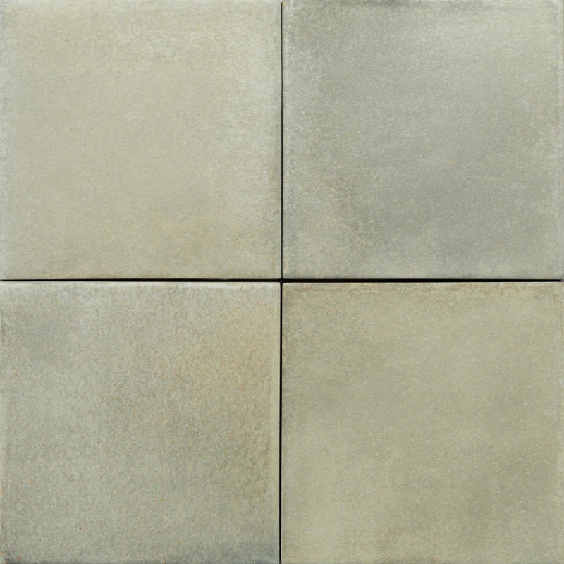 Barely There Aloe You Vera Much 4x4 matte ceramic tiles in muted sage green, shown in a four-tile grid with subtle tonal variation.