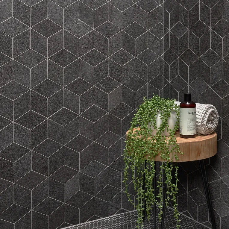 2x2 Hexagon Honed Basalt Mesh Mosaic