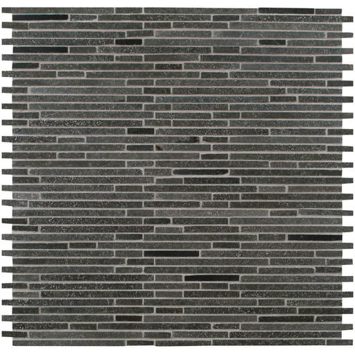 Basalt Blue Bamboo honed mosaic with narrow staggered charcoal blue stone strips, subtle tonal variation and slim pale joints.