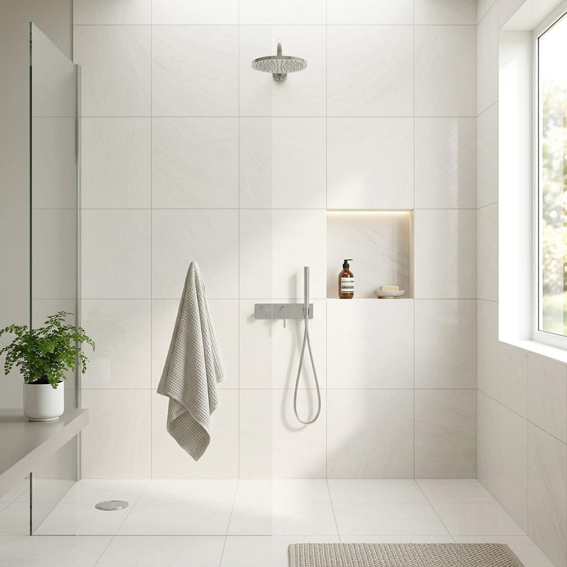Basaltina Ivory Semi Polished 24x24 Porcelain Tile — Bathroom shower wall