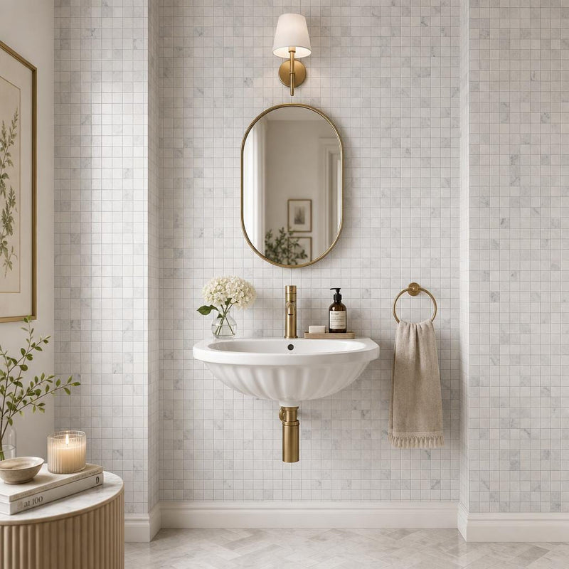 Bati 1x1 Marble Mosaic Tile — Powder Room wall