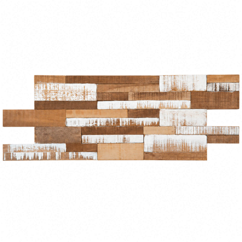 Bati BOMI04 ceramic mosaic tile featuring a single interlocking sheet of brown, tan, and distressed white wood-look rectangular pieces on a white background.