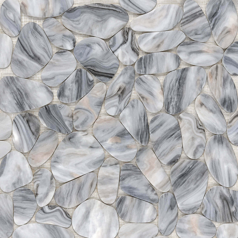 Bati GAGR11 mosaic tile featuring irregular pebble-shaped pieces in white and light gray with flowing dark gray veining.