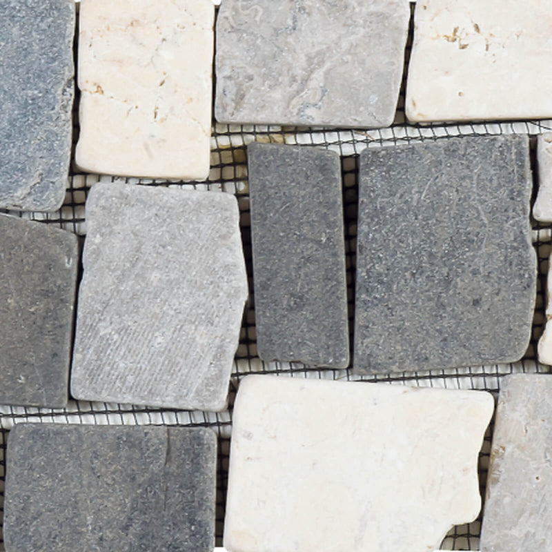 Bati MAMI96/30 ceramic mosaic tile with gray, ivory, and beige stone pieces on mesh backing.