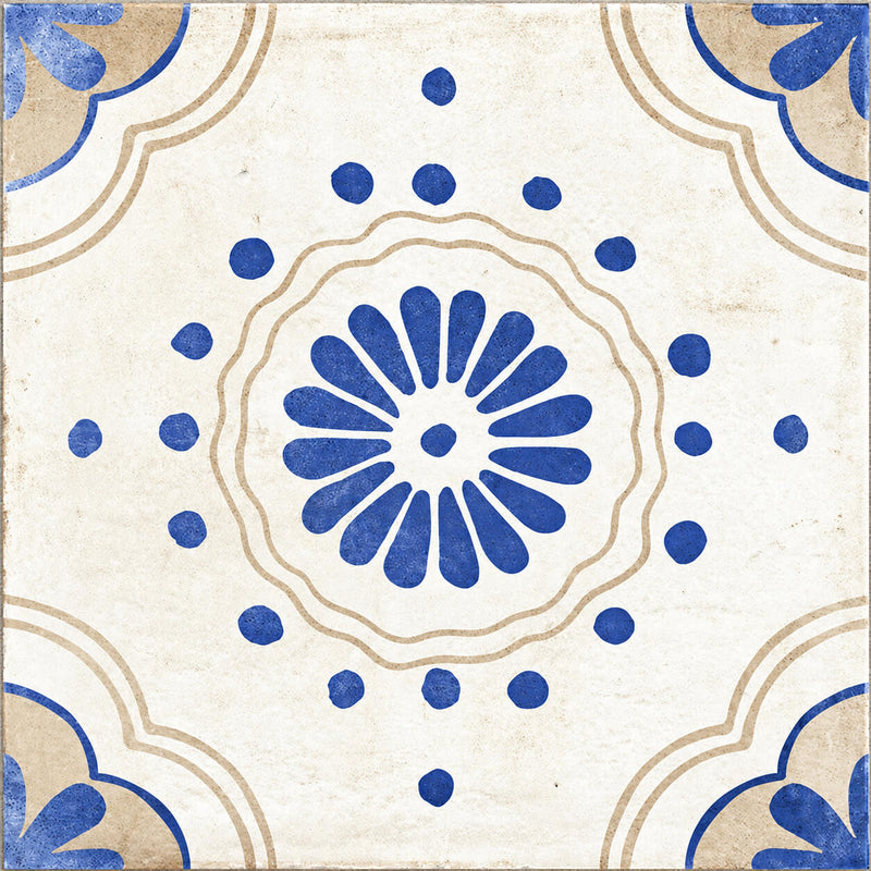 Batik Caribbean Bahamas 8x8 matte porcelain decorative tile with a blue floral pattern and beige accents on a cream background.