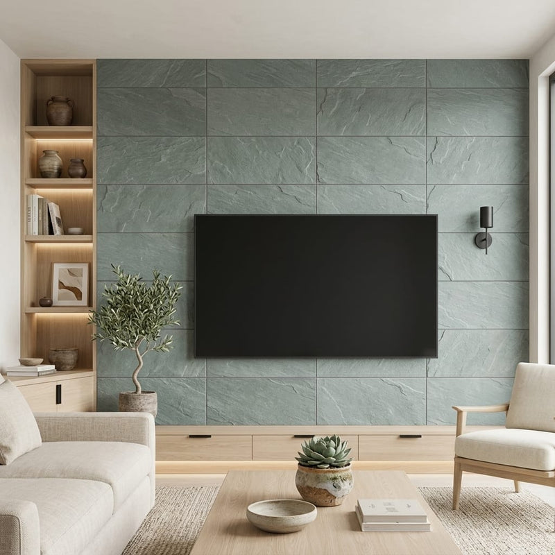 Bayside Ocean Slate Natural 10 x 24 x 2 Slate Wall Cap Cap 12x24 tile — Living Room feature wall