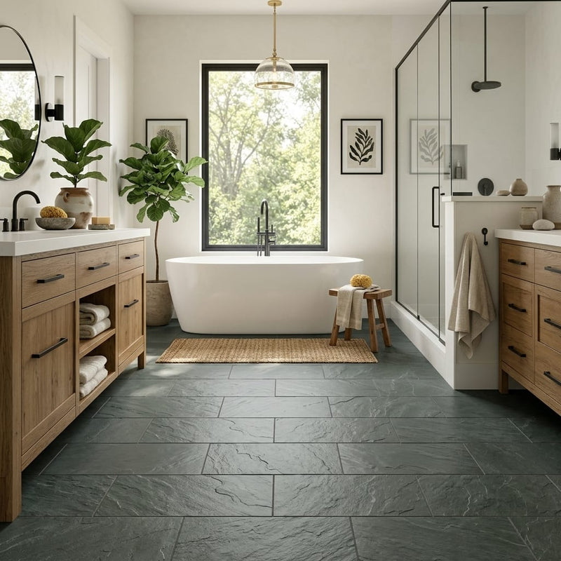 Bayside Ocean Slate Natural 10 x 24 x 2 Slate Wall Cap Cap 12x24 tile — Primary Bath floor