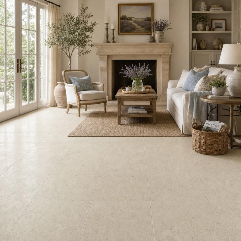 Beaumaniere 18x18 Honed Natural Limestone Tile — Living Room floor