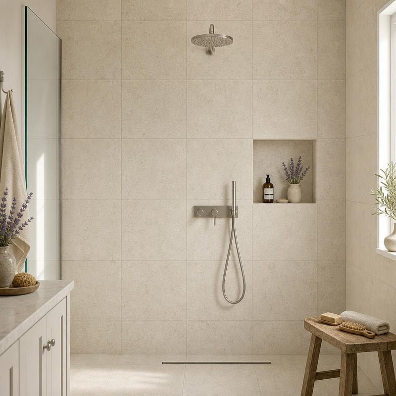 Beaumaniere 24x24 Natural Limestone Tile — Bathroom shower wall