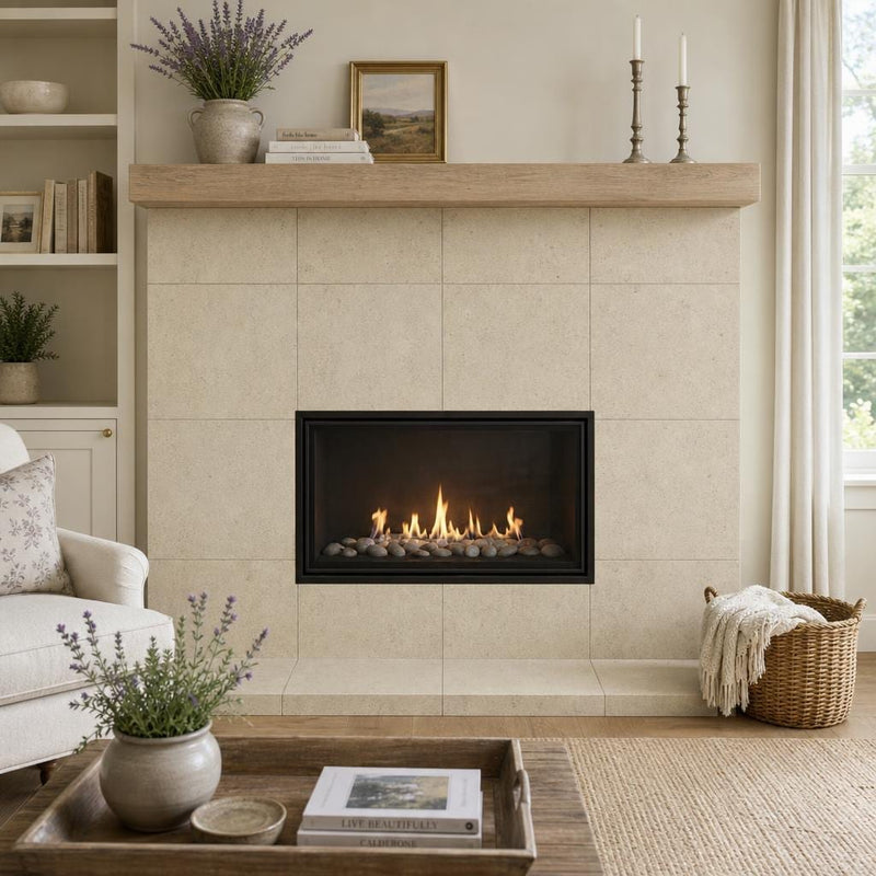 Beaumaniere 24x24 Natural Limestone Tile — Living Room fireplace surround