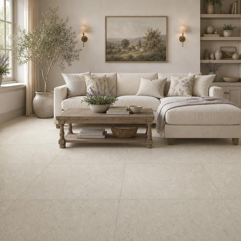 Beaumaniere 24x24 Natural Limestone Tile — Living Room floor