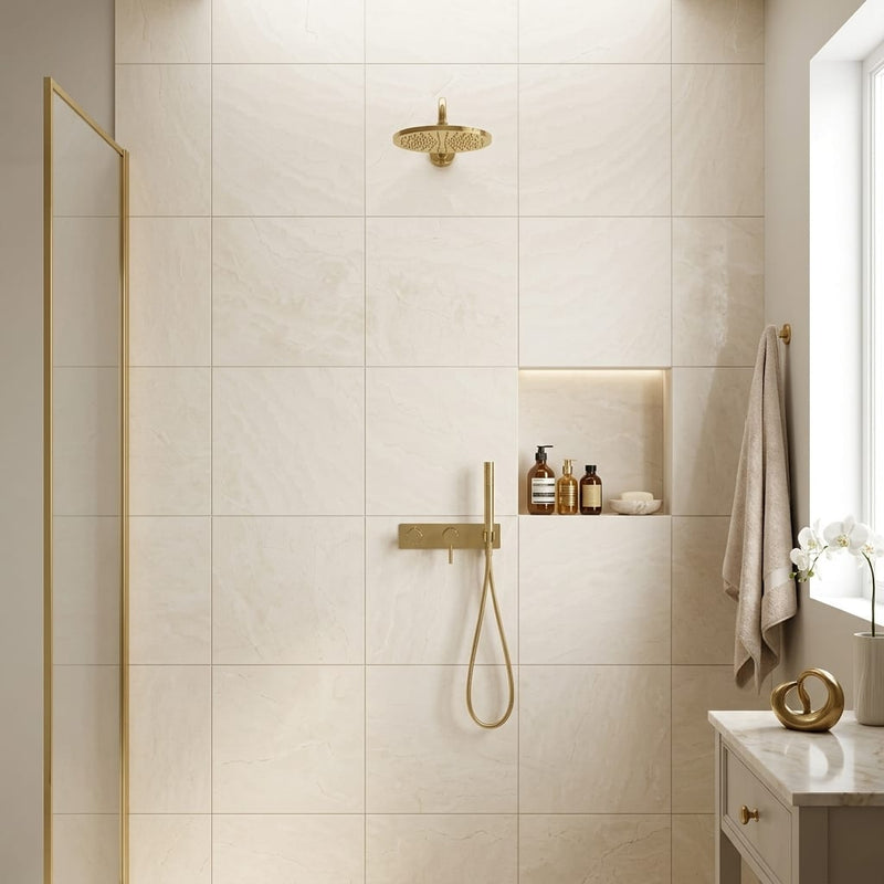 Beige Spanishcrema Marfil *Select Marble Honed 24 x 24 x 1/2 Beveled Tile 24x24 — Bathroom shower wall