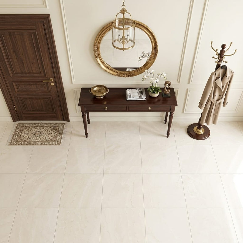 Beige Spanishcrema Marfil *Select Marble Honed 24 x 24 x 1/2 Beveled Tile 24x24 — Foyer floor