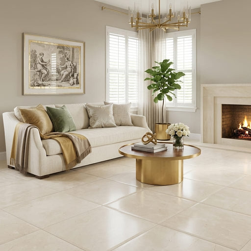 Beige Spanishcrema Marfil *Select Marble Honed 24 x 24 x 1/2 Beveled Tile 24x24 — Living Room floor