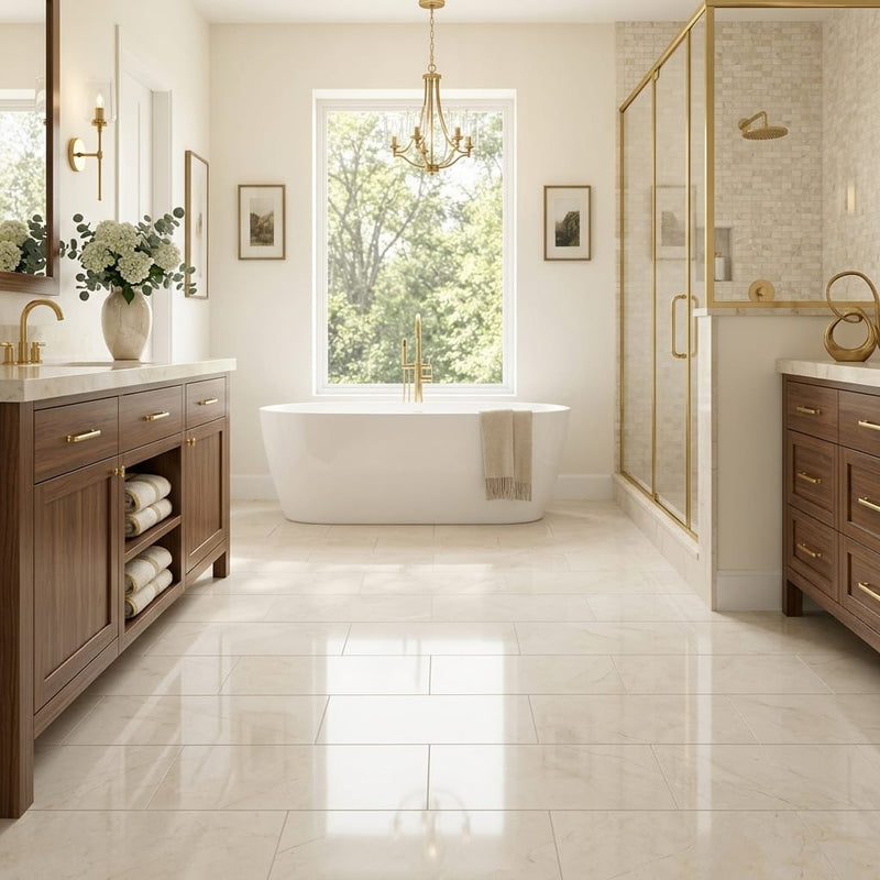 Beige Spanishcrema Marfil *Select Marble Polished 12 x 24 x 1/2 Beveled Tile 12x24 — Primary Bath floor
