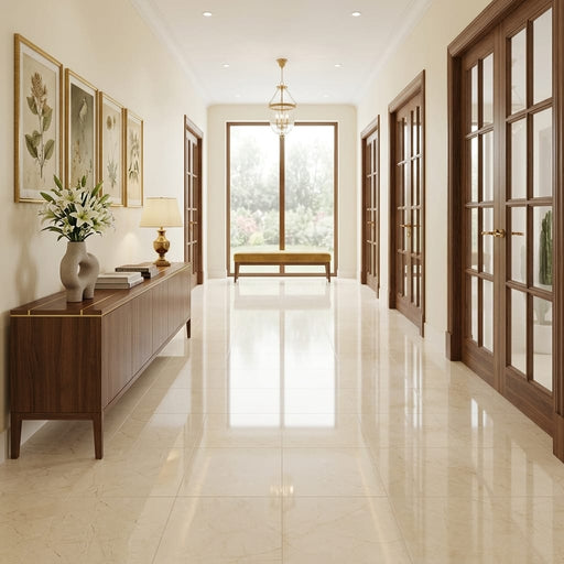 Beige Spanishcrema Marfil *Select Marble Polished 18 x 18 x 1/2 Beveled Tile 18x18 — Hallway floor