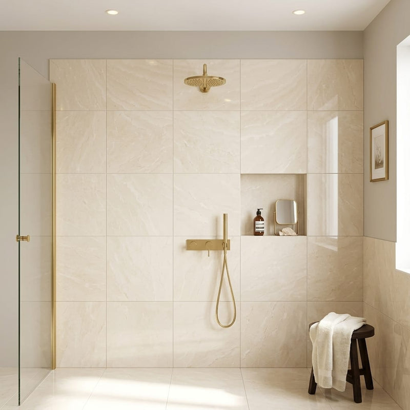Beige Spanishcrema Marfil *Select Marble Polished 24 x 24 x 1/2 Beveled Tile 24x24 — Bathroom shower wall