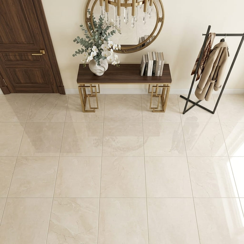 Beige Spanishcrema Marfil *Select Marble Polished 24 x 24 x 1/2 Beveled Tile 24x24 — Foyer floor