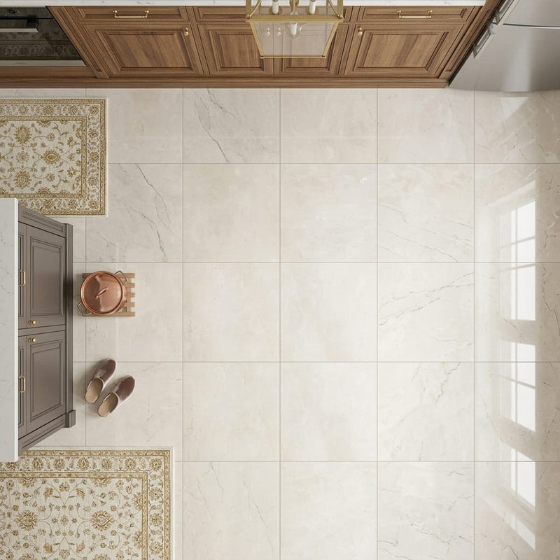 Beige Spanishcrema Marfil *Select Marble Polished 24 x 24 x 1/2 Beveled Tile 24x24 — Kitchen floor
