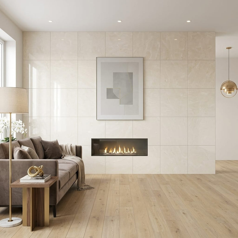 Beige Spanishcrema Marfil *Select Marble Polished 24 x 24 x 1/2 Beveled Tile 24x24 — Living Room feature wall