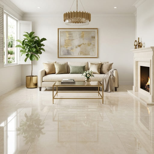 Beige Spanishcrema Marfil *Select Marble Polished 24 x 24 x 1/2 Beveled Tile 24x24 — Living Room floor