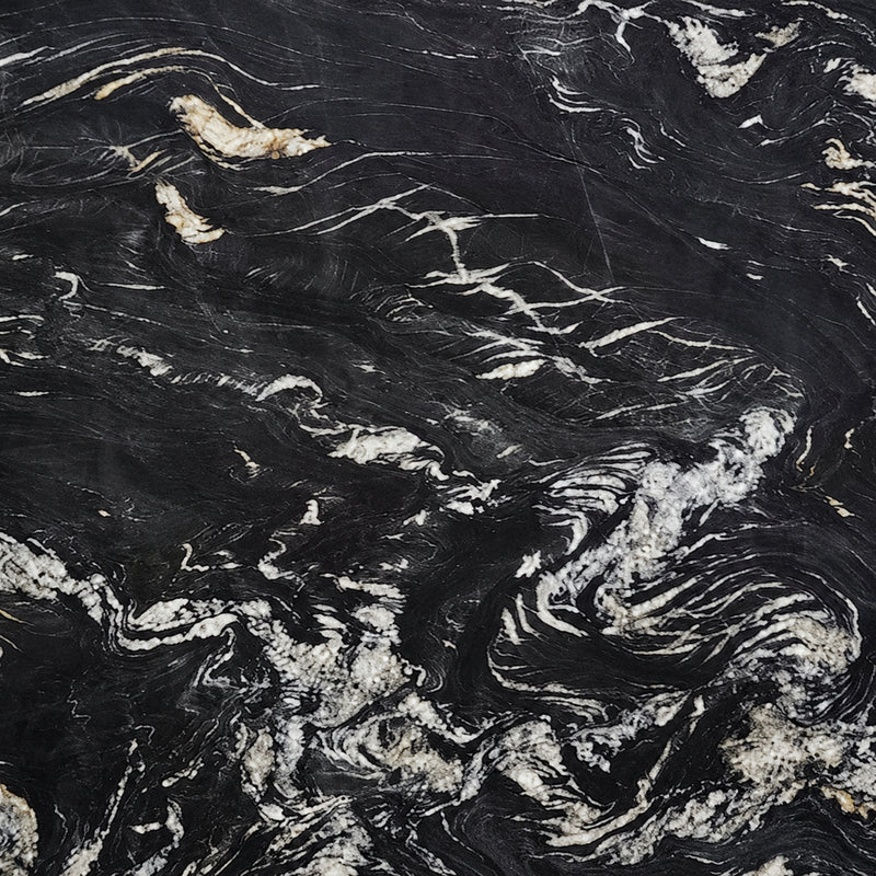 Belvedere 3cm polished quartzite slab with a charcoal-black background and flowing white, silver-gray and subtle cream veins.