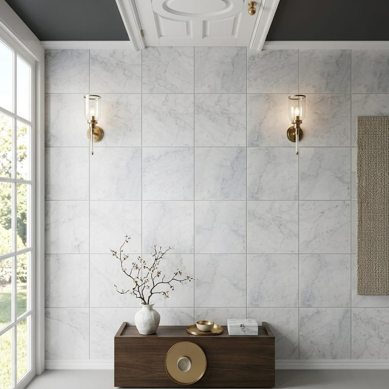 Bianco Carrara 12x12 Honed Marble Tile — Hallway floor